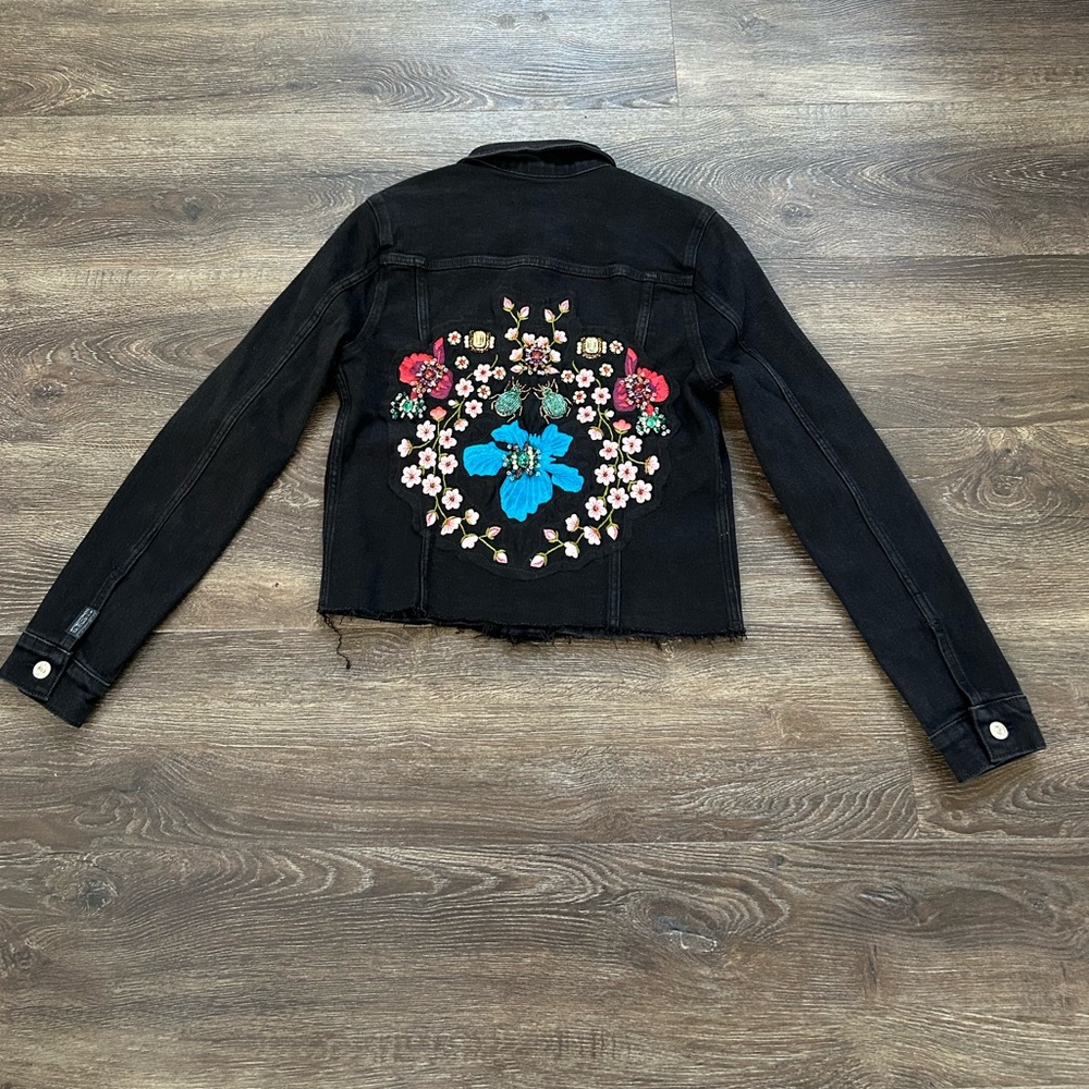 7 For All Mankind Cropped Embellished Black Jean Jacket - Picture 2 of 4